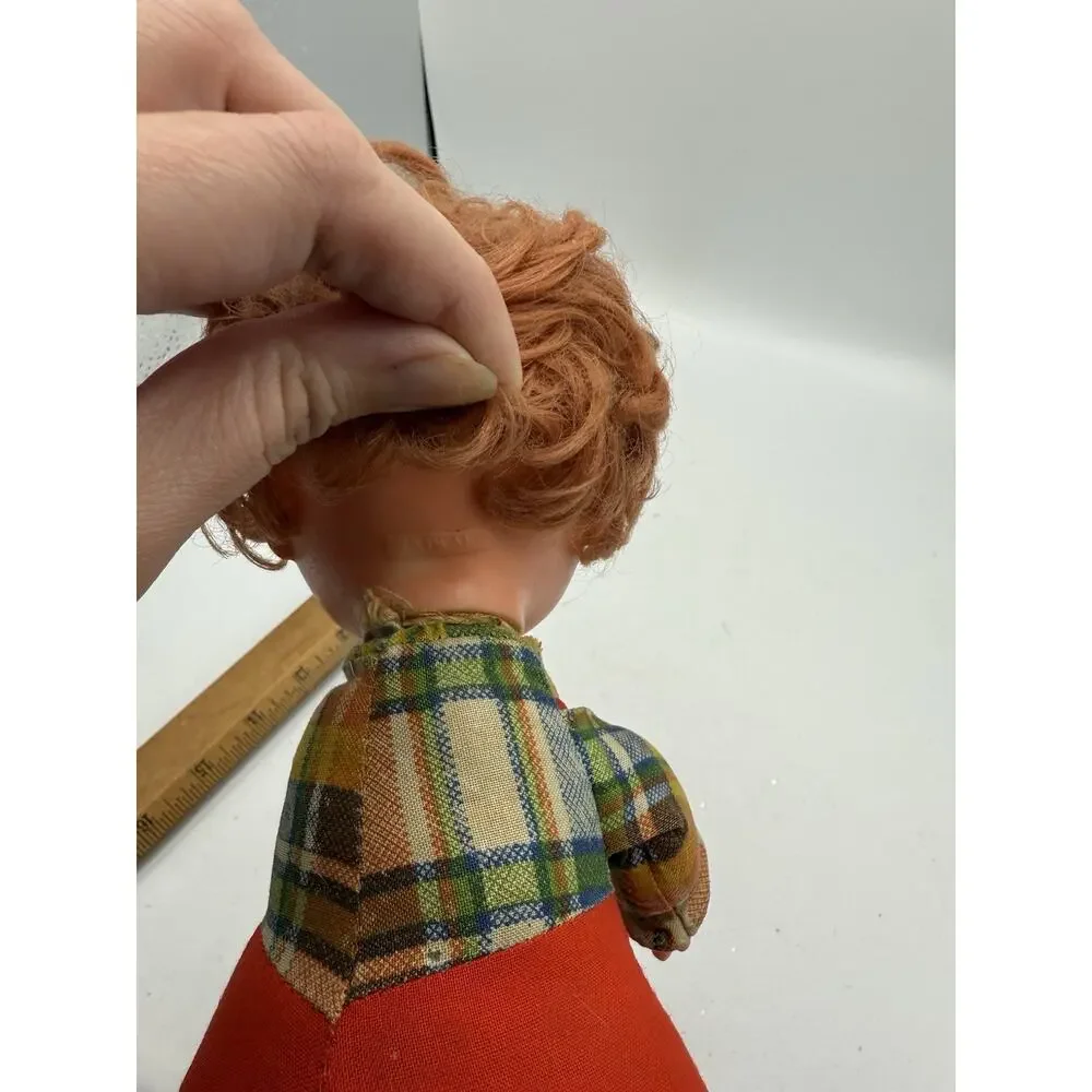 Vintage 1970s NASCO Cloth Body Doll Red Overalls Plaid Shirt Needs TLC